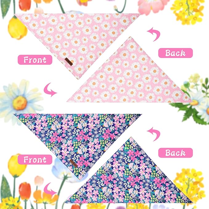 Lionet Paws Summer Floral 2pcs Dog Bandanas, Pink Daisy Dog Scarf Bib Premium Fabric, Blue Blossoms Bandanas for Small Dogs Pets