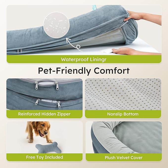 CWAWZ XXL Orthopedic Dog Bed, 53 in. Dog Bed for Large Sized Dogs with Full-Surround Bolsters, Dual-Sided Dog Cooling Beds with Memory Foam, Washable Pet Sofa Couch with Nonslip Bottom, Dark Grey