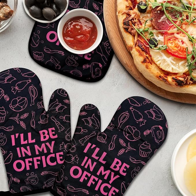 Funny Baking Oven Mitts and Pot Holders Set of 3, I'll Be in My Office, Heat Resistant Non-Slip Kitchen Mitts Hot Pads, Baking Gifts for Women, Christmas Birthday Gifts for Chef Bake Lover