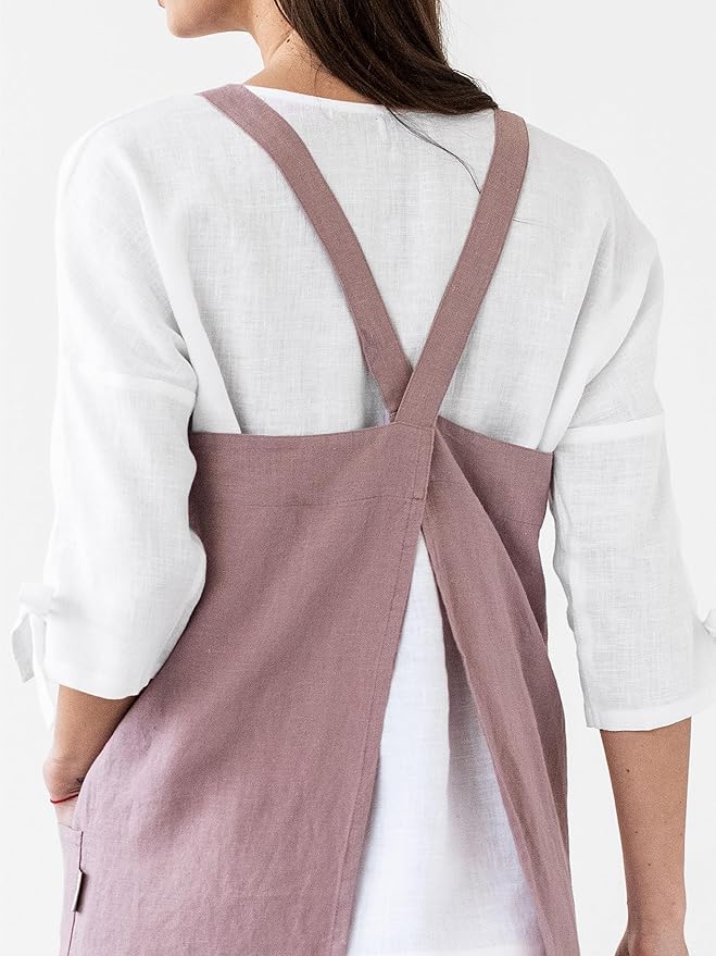 MagicLinen 100% Linen Apron - Japanese Cross Back Apron with Pockets for Women and Men - Pinafore Style