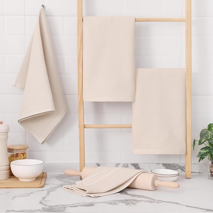 Homaxy 100% Cotton Waffle Weave Kitchen Towels - 12 Pack Soft and Absorbent Dish Towels - 16 x 26 Inches Quick Dry Hand Towels - Beige
