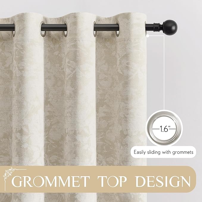 Beauoop Beige Floral Jacquard Blackout Curtains 96 Inches Long 2 Panels for Bedroom Living Room Taupe Flower Chenille Room Darkening Thermal Insulated Soundproof Grommet Window Treatments Drapes 52x96