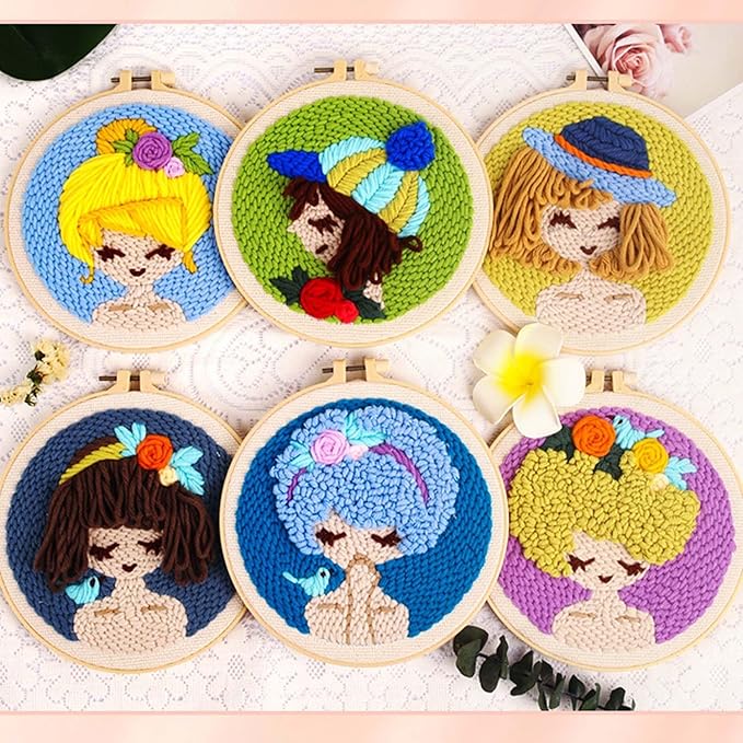 Allazone 3 Set Punch Needle Kits, 20 cm Embroidery Starter Kits with Girl Pattern, Punch Needle Tool Threader Fabric Embroidery Hoop, Yarn and Home Decor