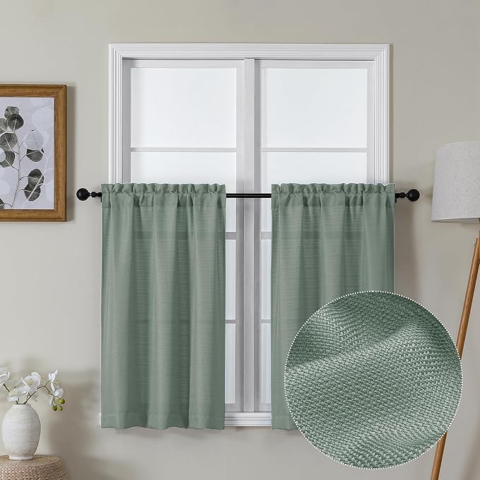 Lecloud Bessie Sage Green Kitchen Curtains 36 Inch Length 2 Panels for Small Windows, Faux Linen Slub Textured Window Curtain Tiers for Bathroom Bedroom with Dual Rod Pocket, Each 30 W x 36 L