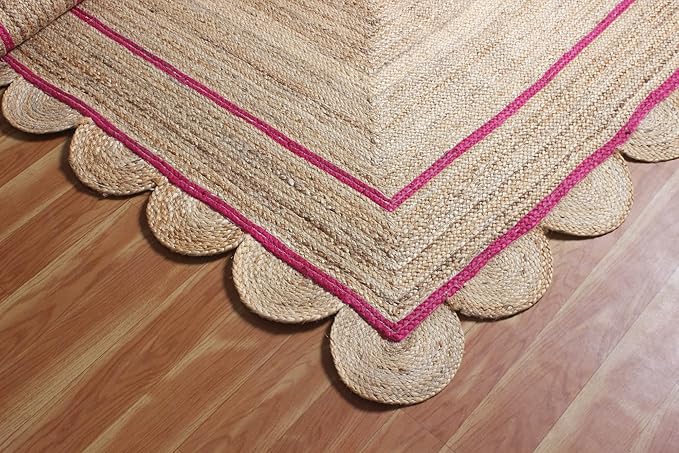 Scalloped Jute Rug, Hand Woven Runner Area Rug, 3x20 Ft Beige & Pink Braided Natural Sisal Kilim Rugs for Living Room, Kitchen, Entryway, Farmhouse