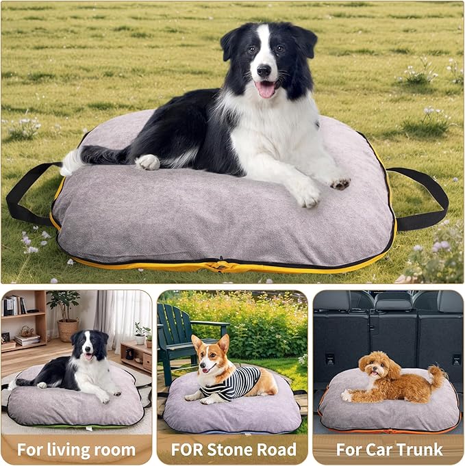 Portable Waterproof Dog Mat for Camping, Patio & Travel - Foldable Outdoor Dog Bed with Teflon Shell & Removable Plush Pad - Easy Clean, Durable - M (Denime Blue)