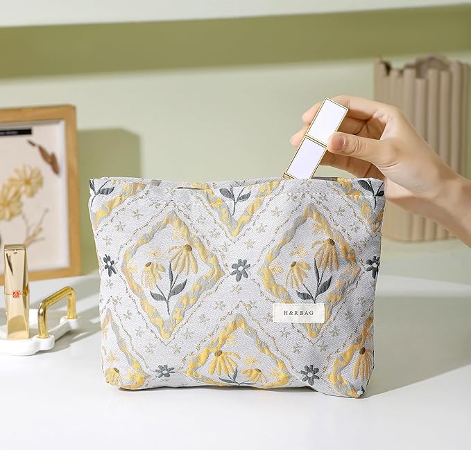 getgto 2 Pcs Makeup Bags, Large Cosmetic Bag Travel Toiletry Bag Organizer for Women, Embroidery Craft, Floral Makeup Bag Small Cosmetic Pouch Purse with Zipper Gifts for Girls Teen
