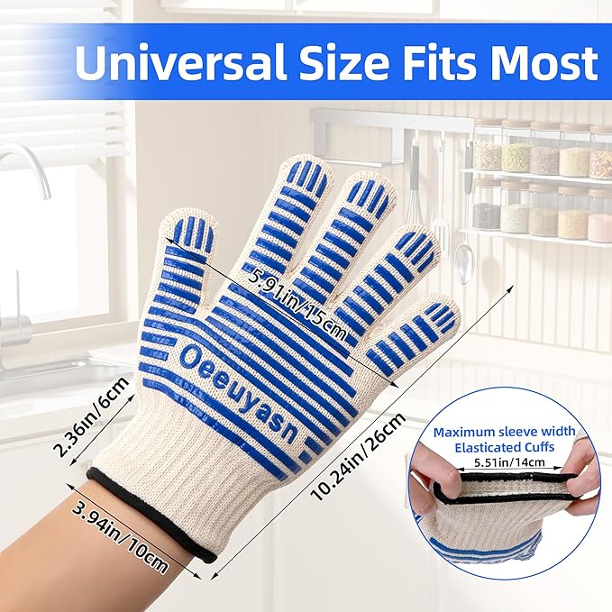 2PCS Super Heat Resistant Oven Gloves, 1472℉ High Temp BBQ Grill Gloves, Silicone Non-Slip Oven Mitts with Fingers, for Barbecue, Grilling, Cooking, Baking