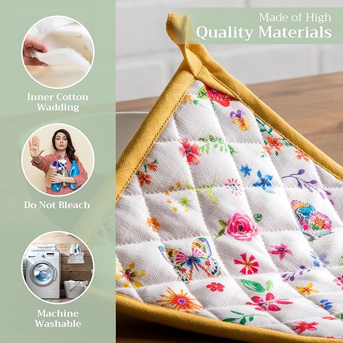 Maison d' Hermine Pot Holders Set 100% Cotton Heat Resistant Potholders 8" x 8" Hot Pads with Loop BBQ, Cooking, Grilling, Kitchen, Handling Hot Pans Spring/Summer (Pack of 2, Happy Florals - Sweety)