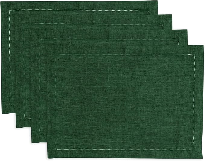 Solino Home Linen Cloth Placemats Set of 4-100% Pure Linen Hemstitch Forest Green Placemats 14 x 19 Inch - Milan Hemstitch Table Place Mats for Winter, St Patricks Day