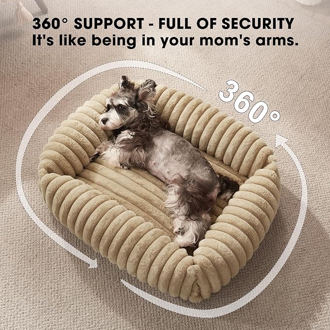 FURTIME Dog Bed for Small Medium Dog, Washable Orthopedic Pet Bed with Removable Cover, Rectangle Soft Calming Sleeping Puppy Bed Durable Pet Cuddler with Anti-Slip Bottom, Beige, M (25"x21"x7")