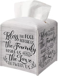 Christian Decorative Tissue Box Cover Square, Wood Pattern Leather Tissue Box Holder, Religious Gift Ideas for Family, Bless The Food Before Us, Bathroom Office Decor-(5.2 Inches)