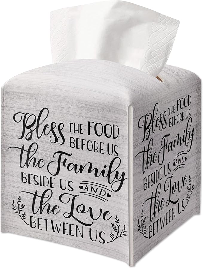 Christian Decorative Tissue Box Cover Square, Wood Pattern Leather Tissue Box Holder, Religious Gift Ideas for Family, Bless The Food Before Us, Bathroom Office Decor-(5.2 Inches)