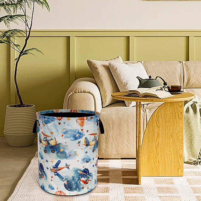 Airplane Laundry Basket Hot Air Balloon Clouds Foldable Waterproof Oxford Cloth Funny Tote Bag Laundry Hamper Clothes Storage Bucket Toy Organizer For Bathroom/Laundry Storage/Bedroom 18.9x16.5 Inch