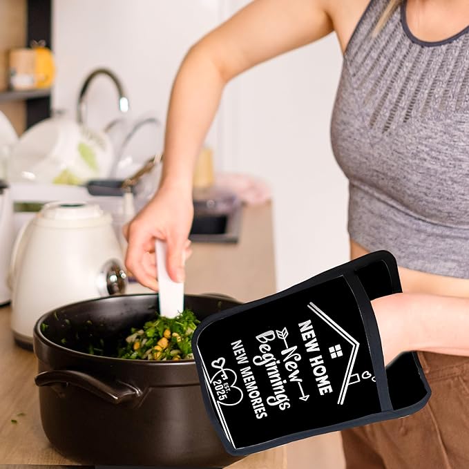 Housewarming Gifts Pot Holders with Pockets, New Home New Beginnings Memories Oven Pot Holders Heat Resistant Oven Mitts Hot Pads for Kitchen Baking Cooking