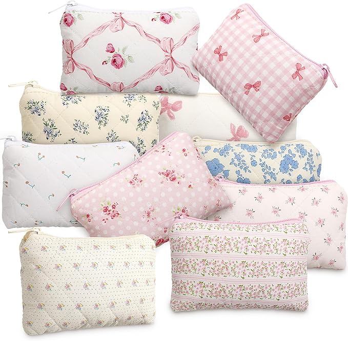 Paterr 10 Pcs Quilted Makeup Bag Bulk Cotton Floral Cosmetic Bag Women Girls Bridesmaid Gifts Cute Makeup Pouch Coquette Aesthetic Travel Toiletry Organizer(Bow Floral,6.30 x 3.94 Inches)