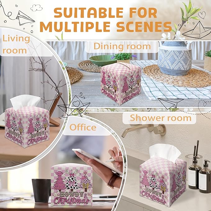 Howdy Christmas Tissue Box Holder, Pink Checkered Cowgirl Western Christmas Trees Leather Tissue Box Cover Square, Paper Facial Decorative Tissues Cover for Bathroom Office Home Decor-B07