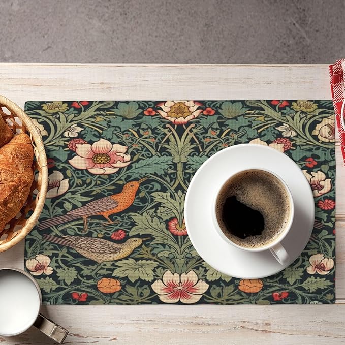 William Morris Placemats, Vintage Rustic Natural Green Plant Flower Strawberry Birdie Print Washable Fabric Placemats Table Kitchen Dining Party 12x18 Inch Set of 4