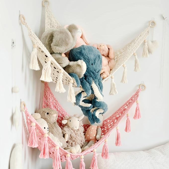 Sasa Baby and Toddler Macrame Hanging Net for Stuffed Toys - Corner Hammock Organizer for Plush Animals, Buttercream