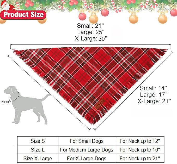ADOGGYGO Christmas Dog Bandanas with Tassels Edges, Stylish Red Plaid Xmas Scarf, Multiple Sizes, Christmas Bandanas for Extra Large Dogs (X-Large)