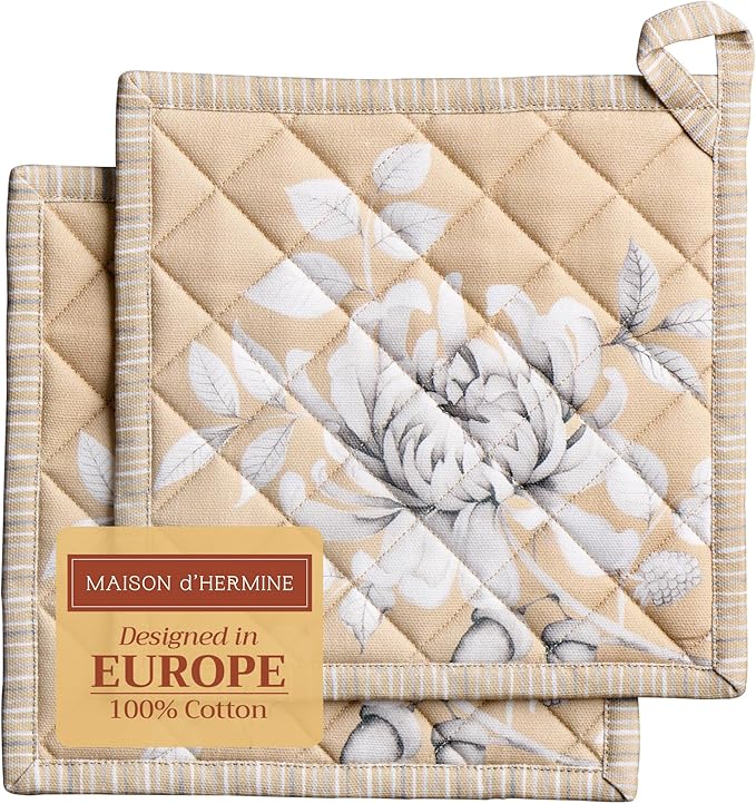 Maison d' Hermine Pot Holders Set 100% Cotton Heat Resistant Potholders 8" x 8" Hot Pads with Loop for Thanksgiving Christmas Decorations BBQ Baking Handling Hot Pans (Pack of 2, Pretty Autumn)