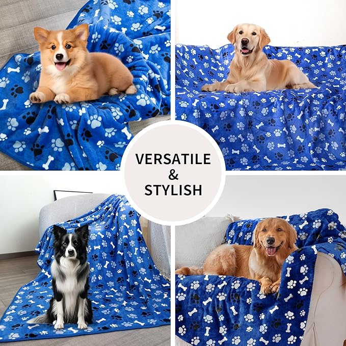 AIWEK Dog Blanket Paw Bone Pattern 1 Pack 1 Super Soft Warm Flannel Sofa Cover Car Bed Protector, Urine Proof Washable Outdoor Pet Blanket for Puppy Large Dogs & Cats,80"*60" Blue