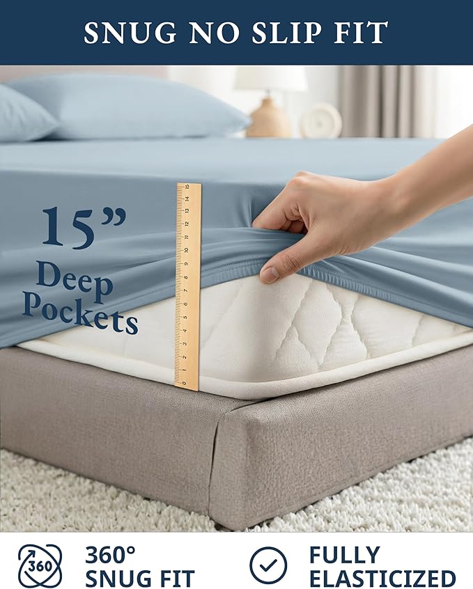 LANE LINEN 100% Organic Cotton Full Sheets Set 4-Piece Pure Percale Soft Bedding Breathable Fits Mattress Upto 15" Deep - French Blue