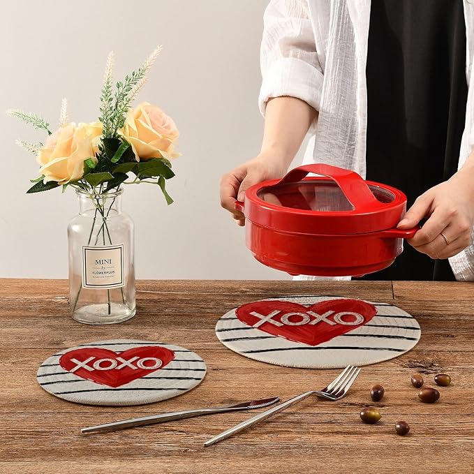 Heart XOXO Striped Love Trivet Mat 2PCS Round Woven Potholders Kitchen Table Countertop Protector Hot Pads Farmho