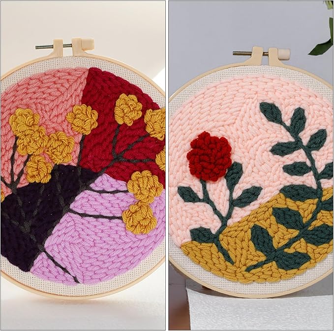 Allazone 3 Set Punch Needle Kits, 20 cm Embroidery Starter Kits with Rose Pattern, Punch Needle Tool Threader Fabric Embroidery Hoop, Yarn and Home Decor