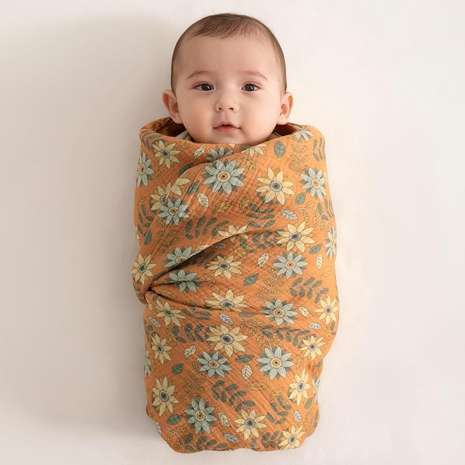 NTBAY 4 Layer Muslin Cotton Toddler Blanket, 42x60 Soft and Breathable Receiving for Newborns and Infants, Perfect for Crib, Stroller, Travel, Lightweight Nursery Blanket, Vintage Daisy Bloom