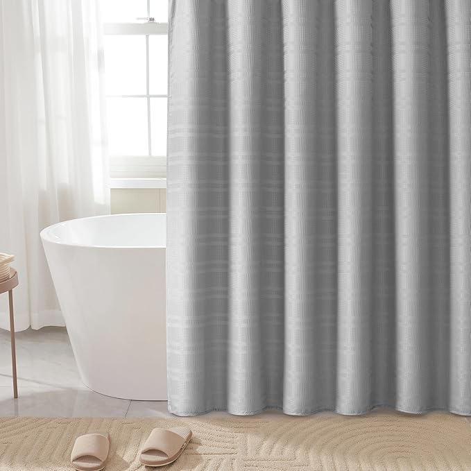 TURKIO Grey Shower Curtain Waffle Weave Shower Curtain Gray Striped Fabric Shower Curtains for Bathroom (72Wx72H, Gray)