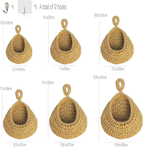 6 Pack Natural Cotton Rope Hanging Basket Hand Woven Wall Mounted Hung Fruit Vegetable Potted Plants Organizer Living Room Kitchen Boho Decor Storage Bags (6 Sizes Brown)