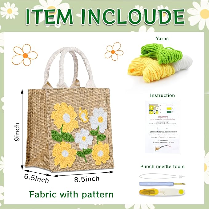 Groodo Punch Needle Kit for Beginners, Easy DIY Embroidery Set for Kids & Adults Complete Embroidery Tote Bag Set with Punch Needle Tool & Easy Instructions
