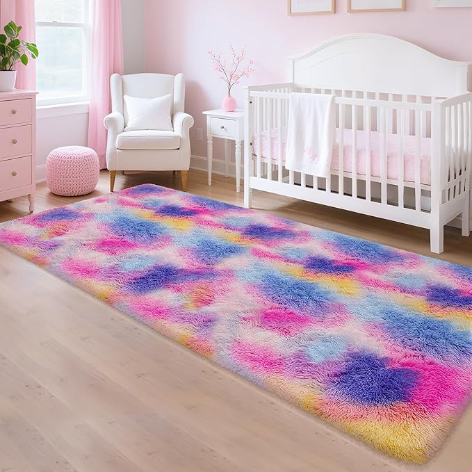 Pink Rainbow Rug for Girls Bedroom Bedside 3x10 ft, Soft Fluffy Plush Runner Carpet Shag Kids Area Rug for Little Girls Room, Cute Colorful Rug Runner for Hallway Nursery Living Room