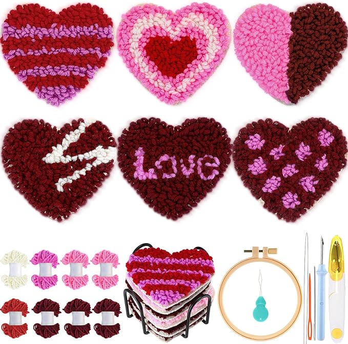 Yaomiao 6 Pcs Valentine's Day Punch Needle Coaster Kit Embroidery Kits Punch Needle Set Craft Supplies with Patterns Yarns Tools Adhesive Felt Embroidery Hoop Instruction Holder for DIY