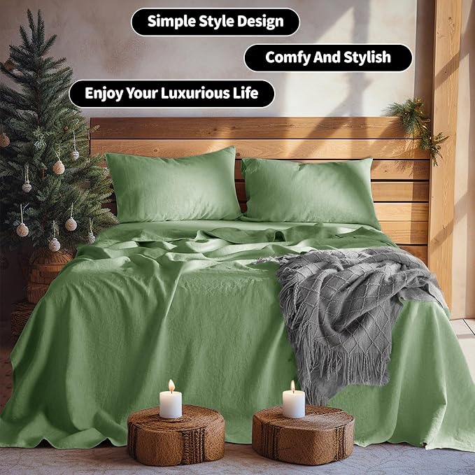 LBRO2M 100% Linen Sheet Set Queen Size,Bed Sheets 4 Piece Sets,Solid Color Natural Flax Bed Sheets Soft Breathable Bedding,16" Deep Pocket,All Season (Queen, Green)