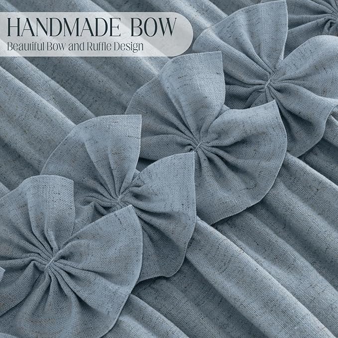 XOGUIBO Ruffle Shower Curtain with Handmade Bow Tie, Blue Linen Vintage Farmhouse Shower Curtain for Bathroom, 72" W x 72" H