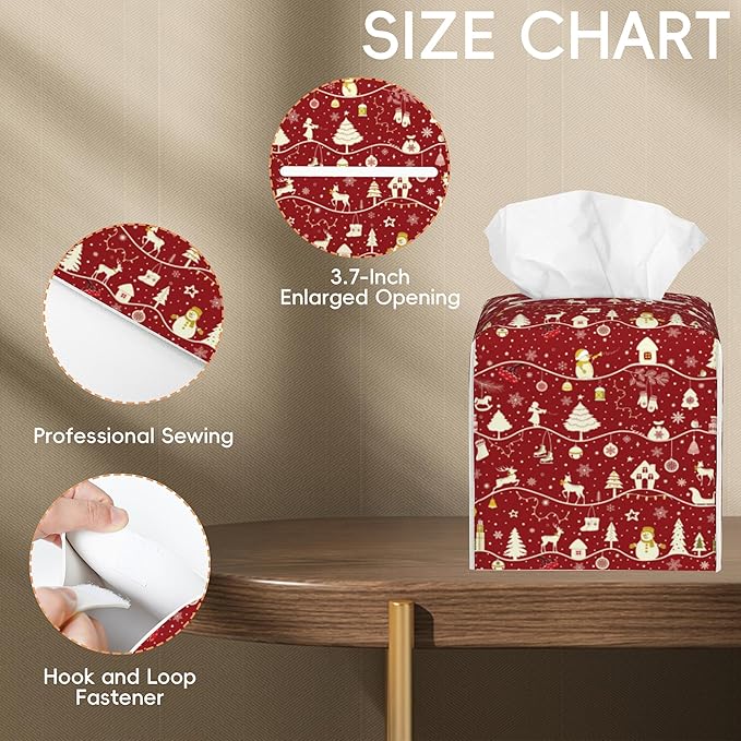 Tissue Box Cover Leather Tissue Box Holder Cube Tissue Case Cover Facial Paper Organizer Dispenser for Bathroom, Vanity Countertop, Office Desk (Christmas Tree and Snowflake)
