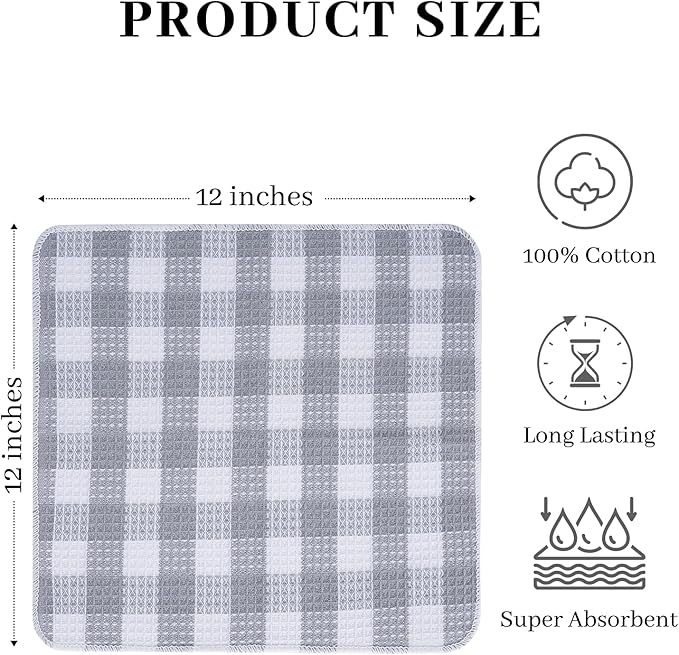 Blue Needles Waffle Weave Check Plaid Dish Cloths, 12x12 Inches 100% Cotton Set of 6 Dish Towels for Kitchen, Ultra Soft & Absorbent Kitchen Towels for Quick Drying Spring Summer - Ash Grey & White