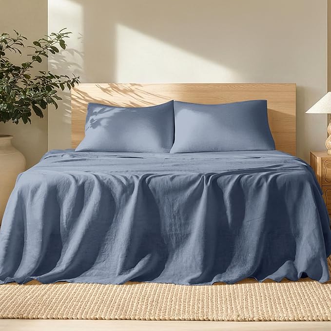 Bare Home Queen Sheet Set - Luxury 100% Linen Bed Sheets - Deep Pockets - Easy Fit - 4 Piece Set - Bedding Sheets & Pillowcases (Queen, Indigo)