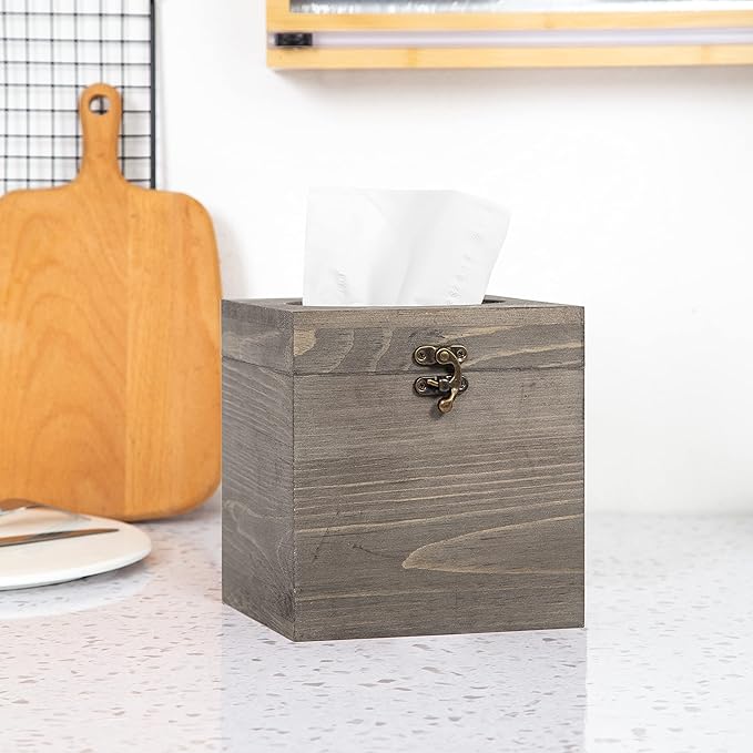 Distressed Farmhouse Square Solid Wood Tissue Box Cover with Slide-Out Bottom Panel Honey Brown Tissue Box Holder for Bathroom Living Room Dining Room Bedroom Toilet (Grey)
