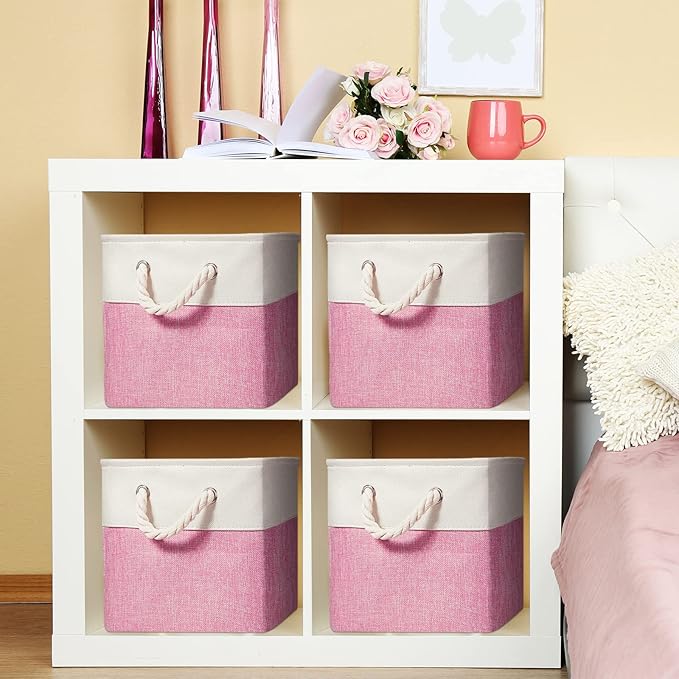 Geiserailie 6 Pcs 11 x 11 Inch Cube Storage Bins Fabric Storage Organizer Bins Foldable Cube Baskets with Sturdy Carry Handles Wicker Baskets for Home (Pink and White)