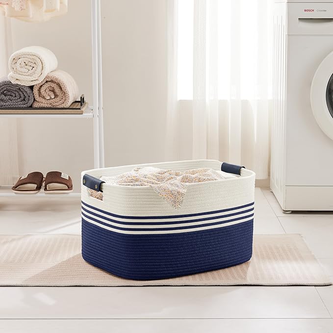SunNewt 60L Large Laundry Basket with Leather Handles for Living Room Storage, Woven Rope Baskets Bin for Blanket, Kids Toy, Gifts, Wicker Hamper for Bedroom Dirty Clothes, 21"x15"x11" White Navy