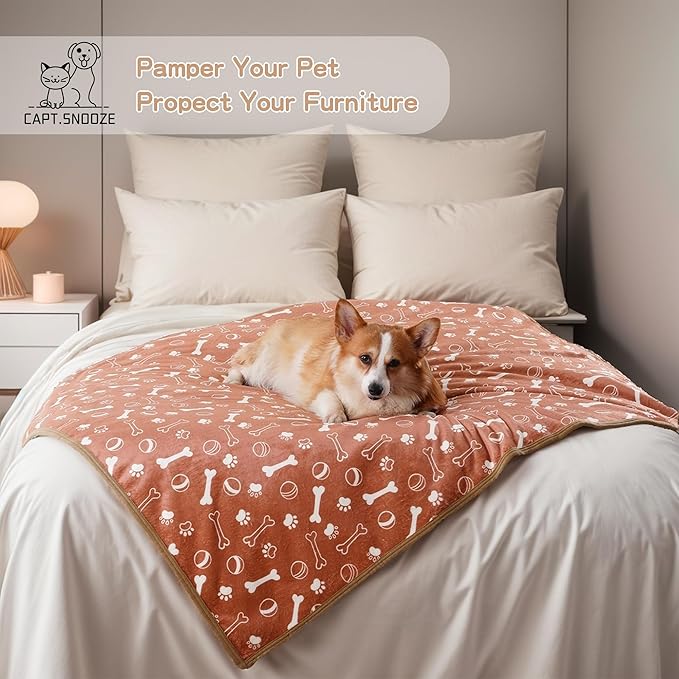 CAPT.SNOOZE Waterproof Dog Blankets Pet Blanket 50"x60", Soft Fluffy Sofa Car Bed Protector, Reversible Sherpa Fleece Dog Blanket for Small Medium Large Dogs Cats (Light Brown-Baseball)