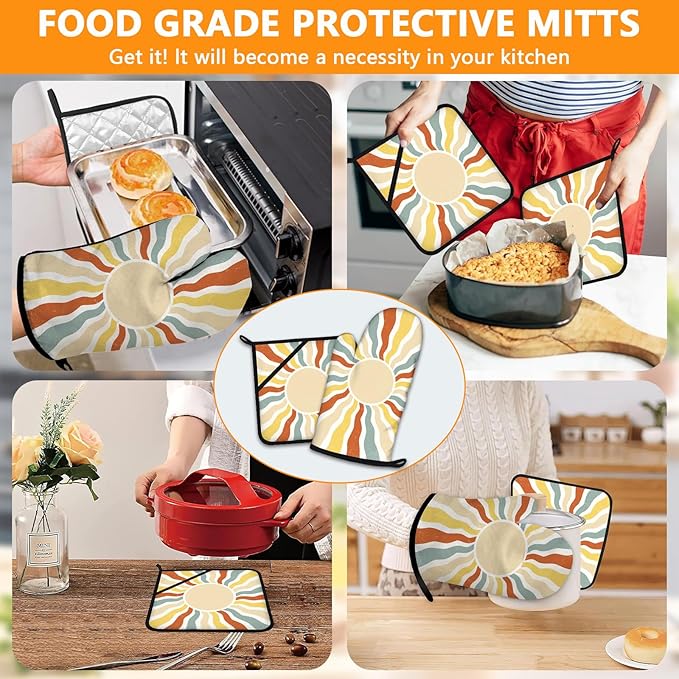 Boho Sun Oven Mitts and Pot Holders Sets 4Pcs,Extra Long Oven Gloves Potholder for Kitchen Cooking Baking BBQ 100% Cotton Heat Resistant