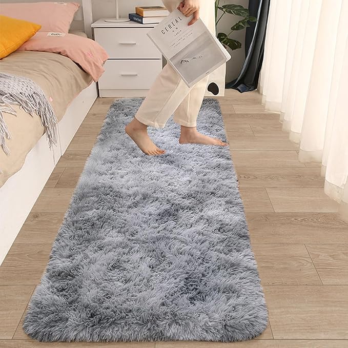 2x6 Grey Runner Rug for Bedroom, Soft Fluffy Runner Area Rug for Living Room Plush Gray Bedroom Rug Fuzzy Shaggy Carpet for Kids Room Dorm Nursery with Non-Slip Bottom