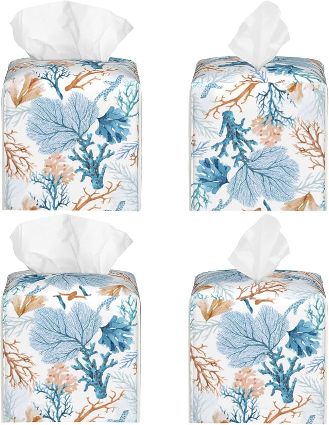 POIUBLE Tissue Box Holder Watercolor Blue Corals Tissue Box Cover Square Leather Tissue Holder Organizer Portable Decorative Facial Paper Case for Home Office Bathroom Vanity Countertop