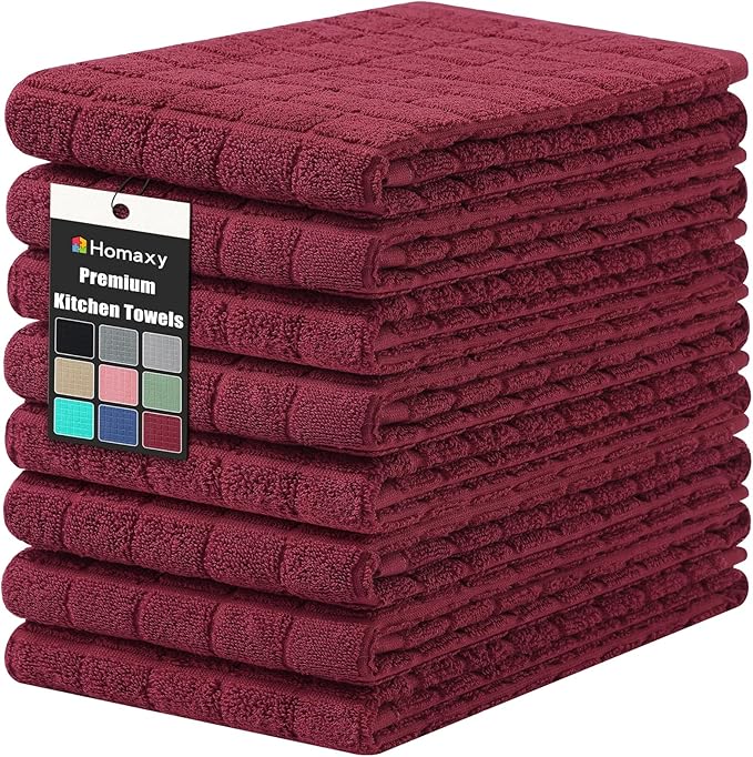 Homaxy Premium Cotton Kitchen Towels 16"x 28", Large Natural Ring Spun 390 GSM Dish Towels, Super Absorbent Terry Kitchen Hand Towels, Soft Tea Towels with Hanging Loop, Pure Red Design,8 Pack