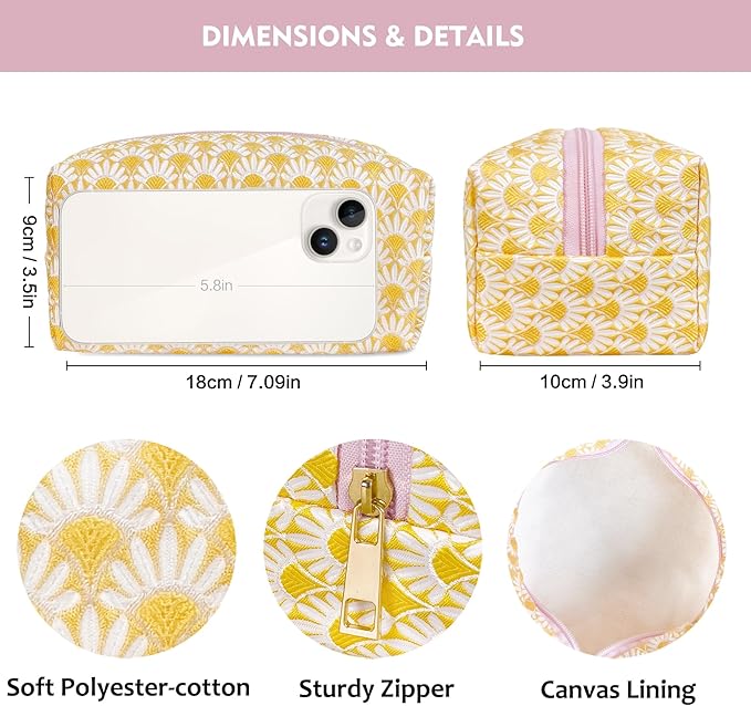 STARDW Aesthetic Floral Makeup Bag with Wrist Strap, Small Cute Cosmetic Pouch for Women with Zipper and Canvas Lining