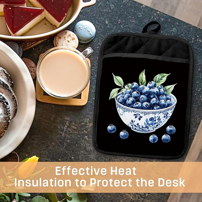 Chinoiserie Blueberry Cake Pot Holders with Pockets, Blue and White Grandmillennial Blueberry Fruit Oven Pot Holders Heat Resistant Oven Mitts Hot Pads for Kitchen Baking Cooking